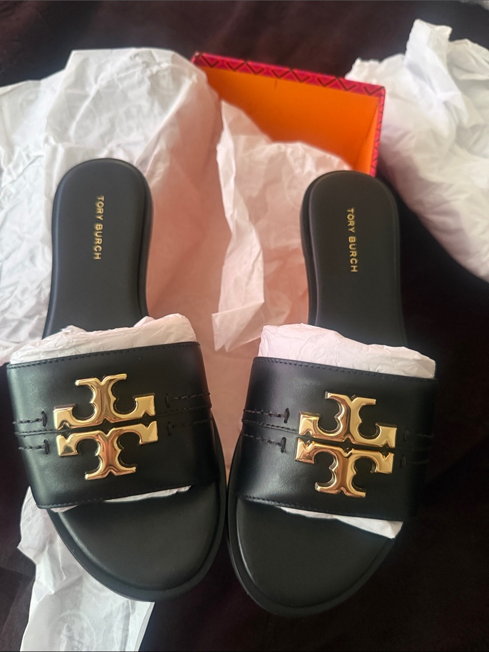 Tory Burch Black Leather Slide Sandals with Gold Hardware